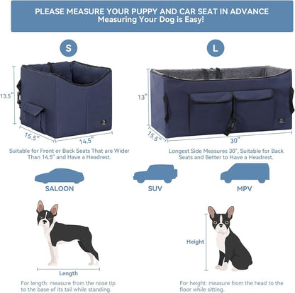 A 4 Pet Dog Car Seats for Small Dogs Under 25lbs – Safety Travel Booster Seat with Patent Buckles, Adjustable Leash – Reduces Anxiety & Road Trips – Frame Support for Cars, SUV, Pickup