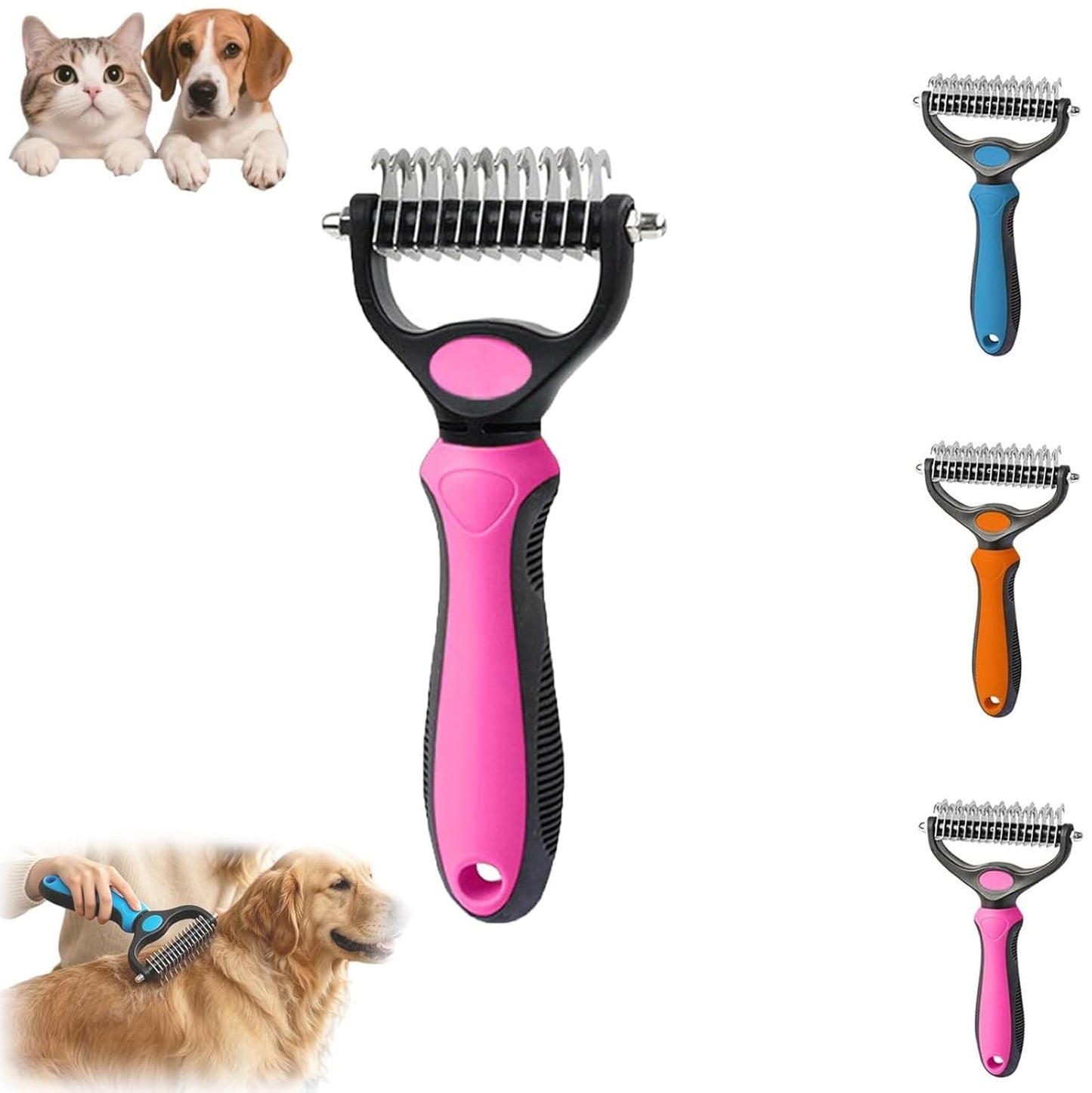 Pet Pro Grooming Tool, 2-in-1 Deshedding Dog Brush with 9/17 Teeth Undercoat Rake for Dogs & Cats, Dual-Sided Stainless Steel Pet Comb for Long Hair & Thick Coats, Non-Slip Ergonomic Handle (Pink-L)