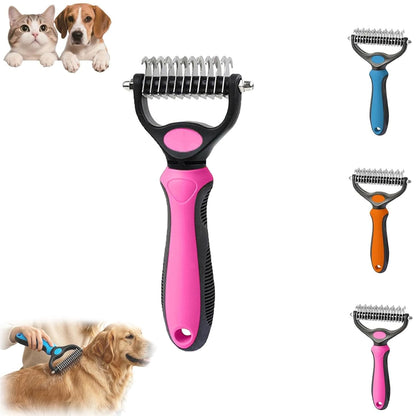 Pet Pro Grooming Tool, 2-in-1 Deshedding Dog Brush with 9/17 Teeth Undercoat Rake for Dogs & Cats, Dual-Sided Stainless Steel Pet Comb for Long Hair & Thick Coats, Non-Slip Ergonomic Handle (Pink-L)