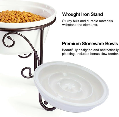Elevated Dog Bowl Stand with 3 Large Ceramic Bowls – Raised Feeding Station for Medium & Large Dogs, Includes 2 Standard Bowls + 1 Slow Feeder, Durable Iron Frame, Non-Slip (White)