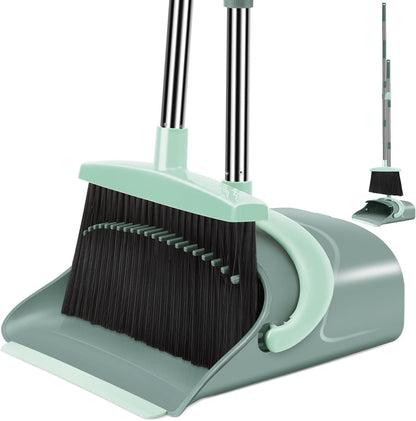 Ivandar Broom with Dustpan Combo Set, 50.6 inch Long Handle, Upright Standing Broom and Dustpan Set Quiet Cleaning Tool Sweep the Floor Dust pan Removes 4 Times More Pet Hair(Brown and Gray)