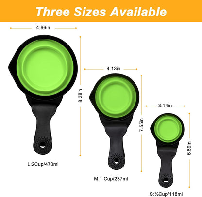 Collapsible Dog Food Scoop Foldable Pet Food Bag Clip 3 in 1 Multi-function Silicone Cat Food Measuring Cup Scoop Dog Food Scooper Pet Food Storage Clip (Green, 1 Cup Capacity(1 Pack))