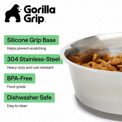 GORILLA GRIP Dog Bowls, Food Grade 304 Stainless Steel, Holds 2 Cups Each (16 fl oz) Food and Water Bowl for Feeding Dogs and Cats, Dishwasher Safe, Rust Resistant, BPA Free Rubber Base Set of 2 Black