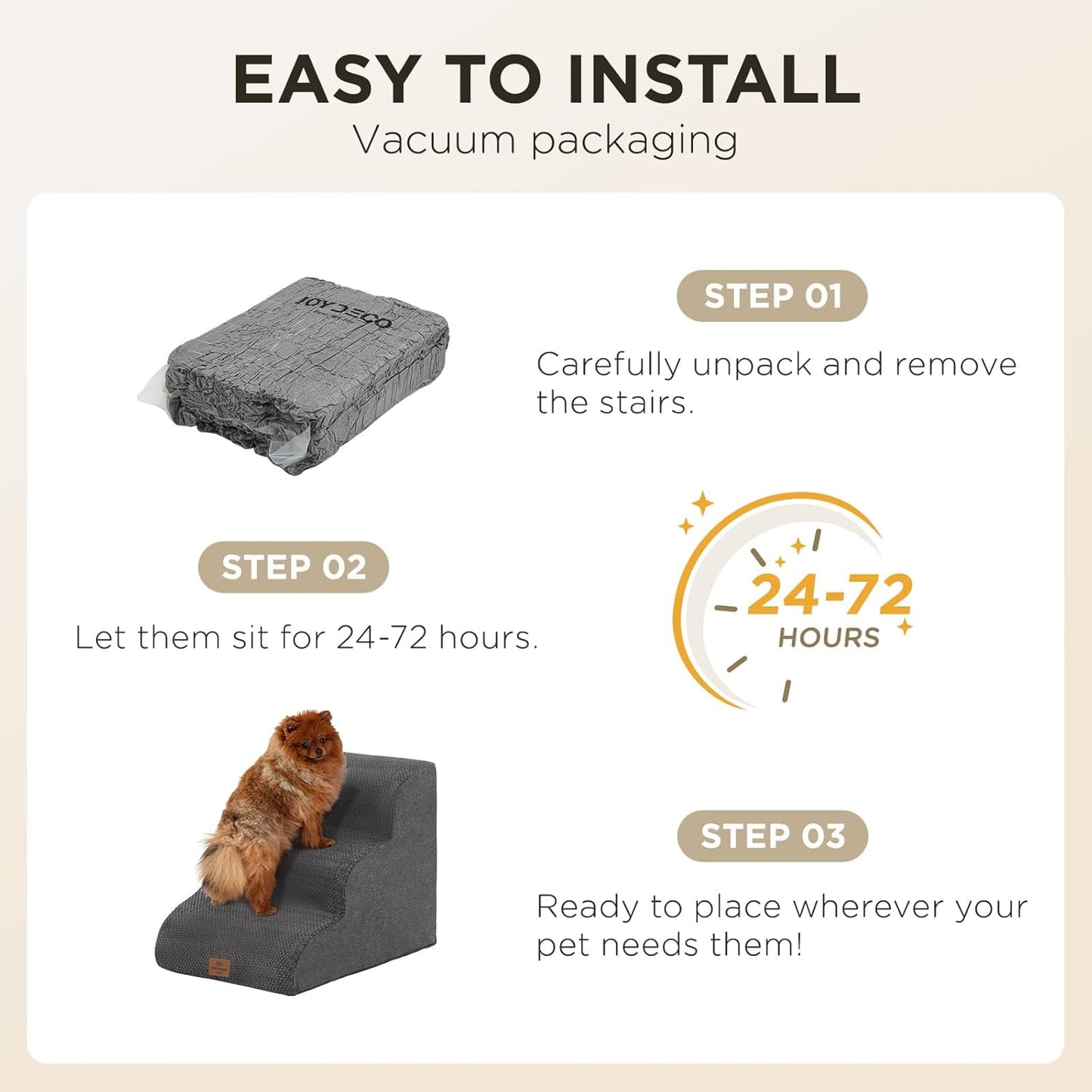 Joydeco Dog Stairs for Bed 17.1" H, 3-Step Pet Steps for Small Dogs and Cats, Dog Steps for High Bed, Non-Slip Balanced Ramp Indoor Pet Stairs, Beige