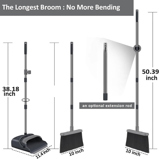 Upgrade Broom and Dustpan Set, Self-Cleaning with Dustpan Teeth, Indoor&Outdoor Sweeping, Ideal for Dog Cat Pets Home Use, Stand Up Broom and Dustpan (Gray&Orange)