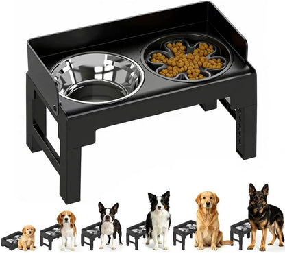 PAKEWAY Elevated Dog Bowls, Spill Proof, Tiltable Dog Feeder with 2 Stainless Steel Bowls, 6 Height Adjustable Raised Bowl