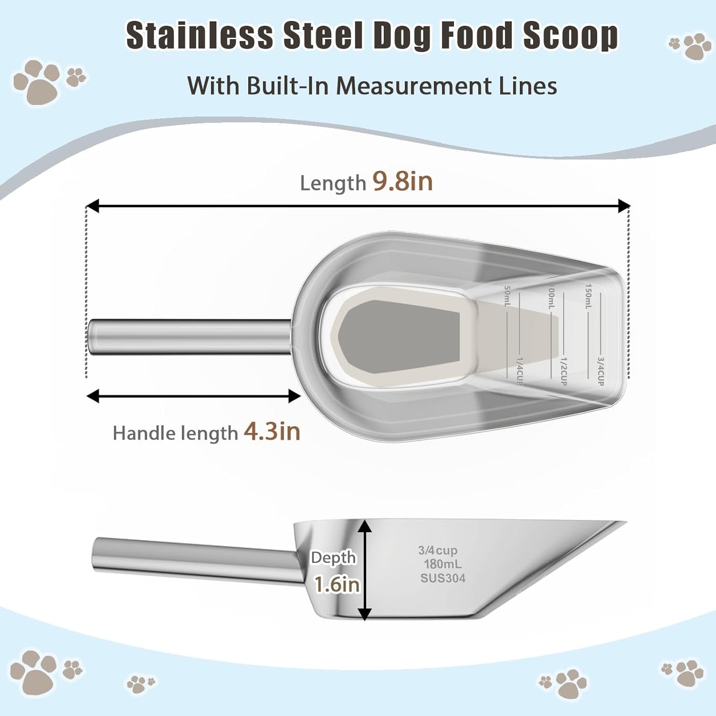 Dog-Cat Food Scoop 1 Cup – Thickened 304 Stainless Steel Pet Food Scoop with Long Handle, Precision Scale, Easy to Clean, Suitable for Wet Dry Food