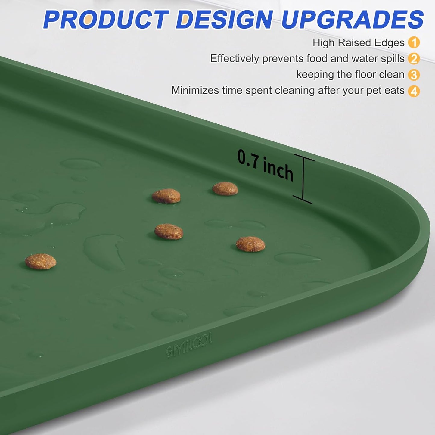 Small Silicone Pet Food Mat with Raised Edge for Food and Water Bowl, Square Dog Feeding Mats, Cat Food Trays for Floor Waterproof, Rubber Tray for Dogs and Cats, 12 x 12 x 0.7 Light Olive Green