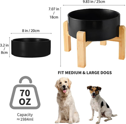 6'' Ceramic Raised Dog Bowl - 30Oz Dog Food & Water Bowl with Elevated Non-Slip Bamboo Stand, Dishwasher & Microwave Safe, Anti Vomiting Heavy Duty Pet Bowl for Small and Medium Dogs, White
