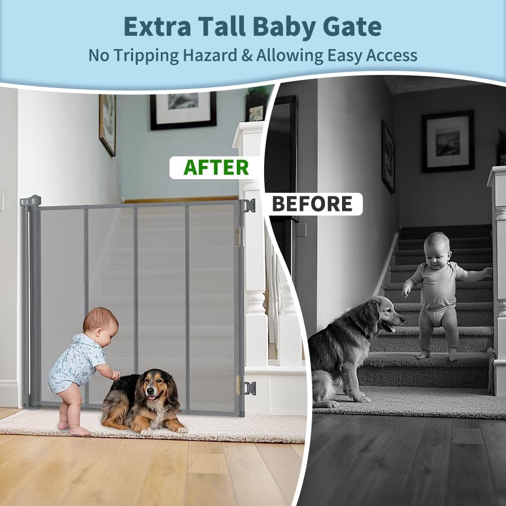 47” Extra Tall Retractable Baby Gate, Reinforced Mesh Dog Gate Extends to 71" Wide, Baby Gate for Stairs, Doorways, Hallways, Indoor and Outdoor, Black