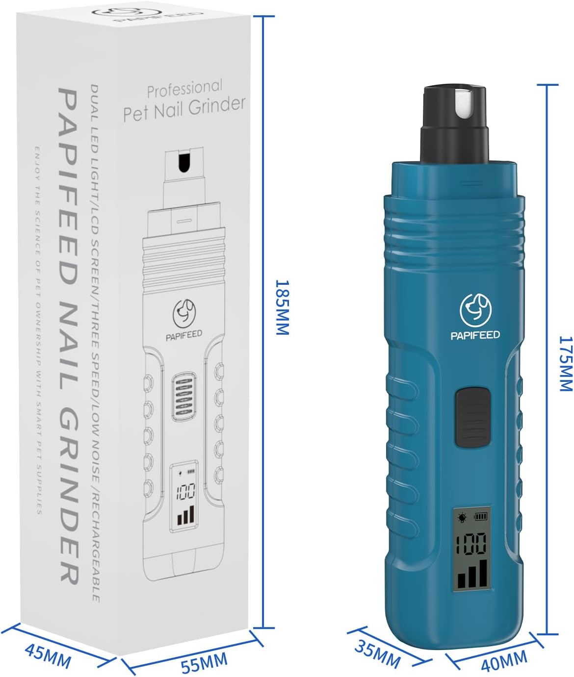 PAPIFFEED Dog Nail Grinder with LCD Display – Quiet Electric Nail Trimmer with Dual LED Light, Safe for Black & Thick Nails, Rechargeable for Small Medium Large Dogs & Cats (White)