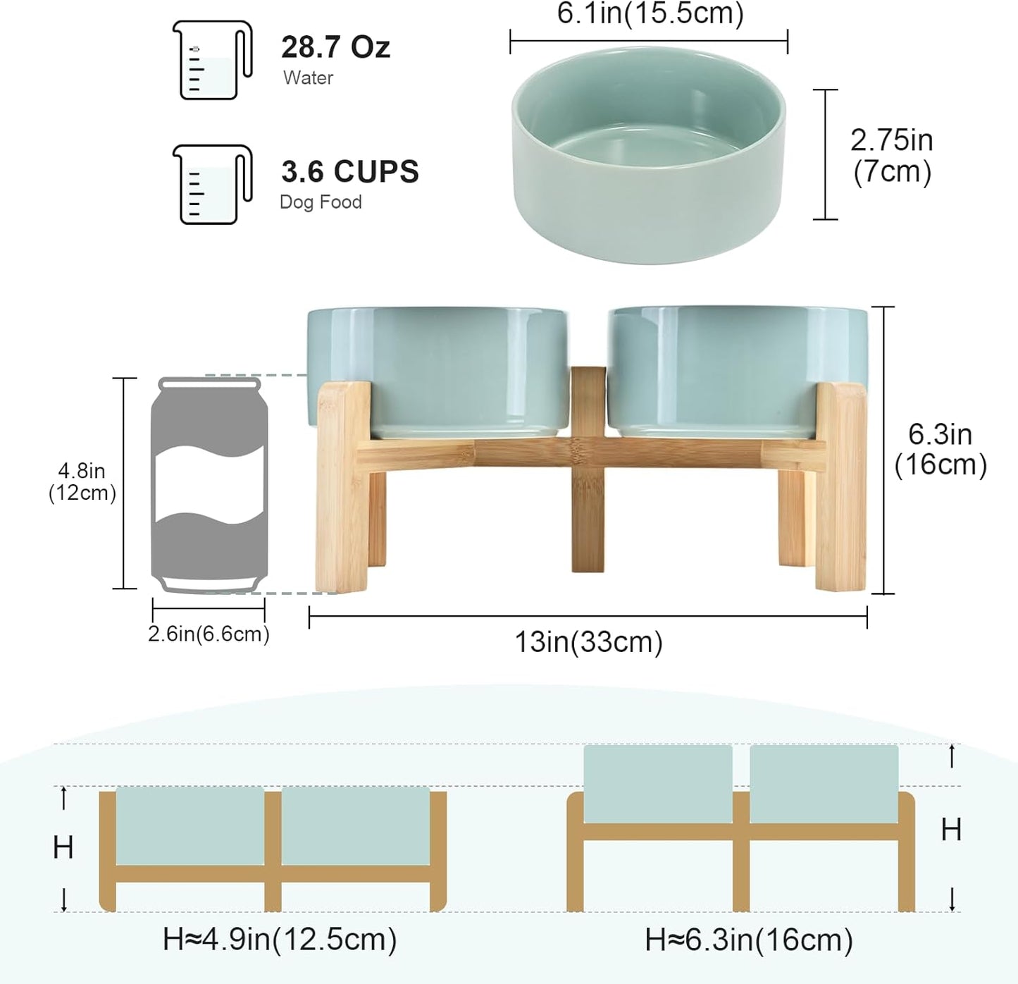 SPUNKYJUNKY Elevated Dog Bowls Ceramic, 6.1'' Dogs and Cat Food Water Bowls Raised with Non-Slip Bamboo Stand for Medium Sized Breed Microwave Dishwasher Safe - 28.7 OZ,Beige