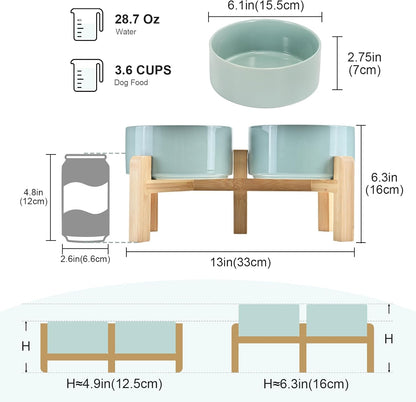 SPUNKYJUNKY Elevated Dog Bowls Ceramic, 6.1'' Dogs and Cat Food Water Bowls Raised with Non-Slip Bamboo Stand for Medium Sized Breed Microwave Dishwasher Safe - 28.7 OZ,Beige