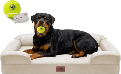 Extra Large Dog Bed, Orthopedic XL Washable Memory Foam Bed for Big Dogs Waterproof Pet Couch Sofa Bolster with Removable Cover, Non-Slip Bottom, Tennis Ball Toy, 42x30