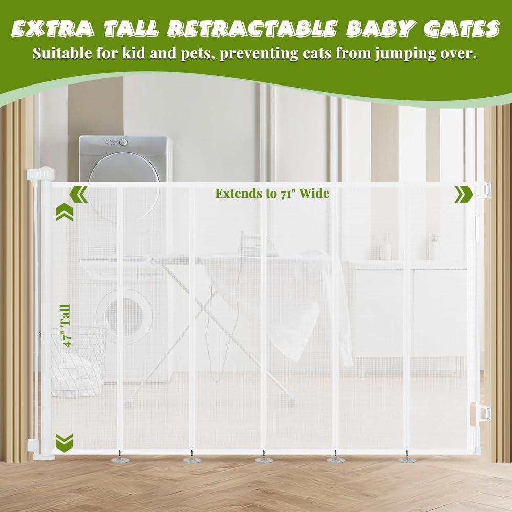 47" Extra Tall Retractable Baby Gates, Extends to 71" Wide, ExtraTall Retractable Safety Gate with Reinforced Strips, Retractable Tall Dog Gates for Doorways Mesh Baby Pet Gates Indoor, Grey