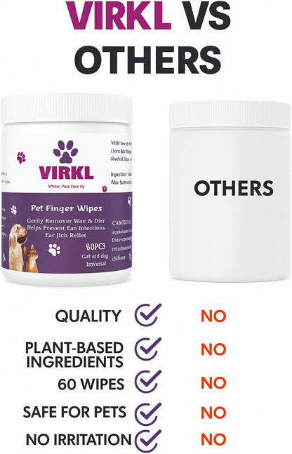 Pet Finger Wipes for Dogs & Cats – Ear, Eye and Teeth Cleaning Wipes – Alcohol-Free, Fragrance-Free, Plant-Based Grooming Wipes for Sensitive Pets – 60 Count