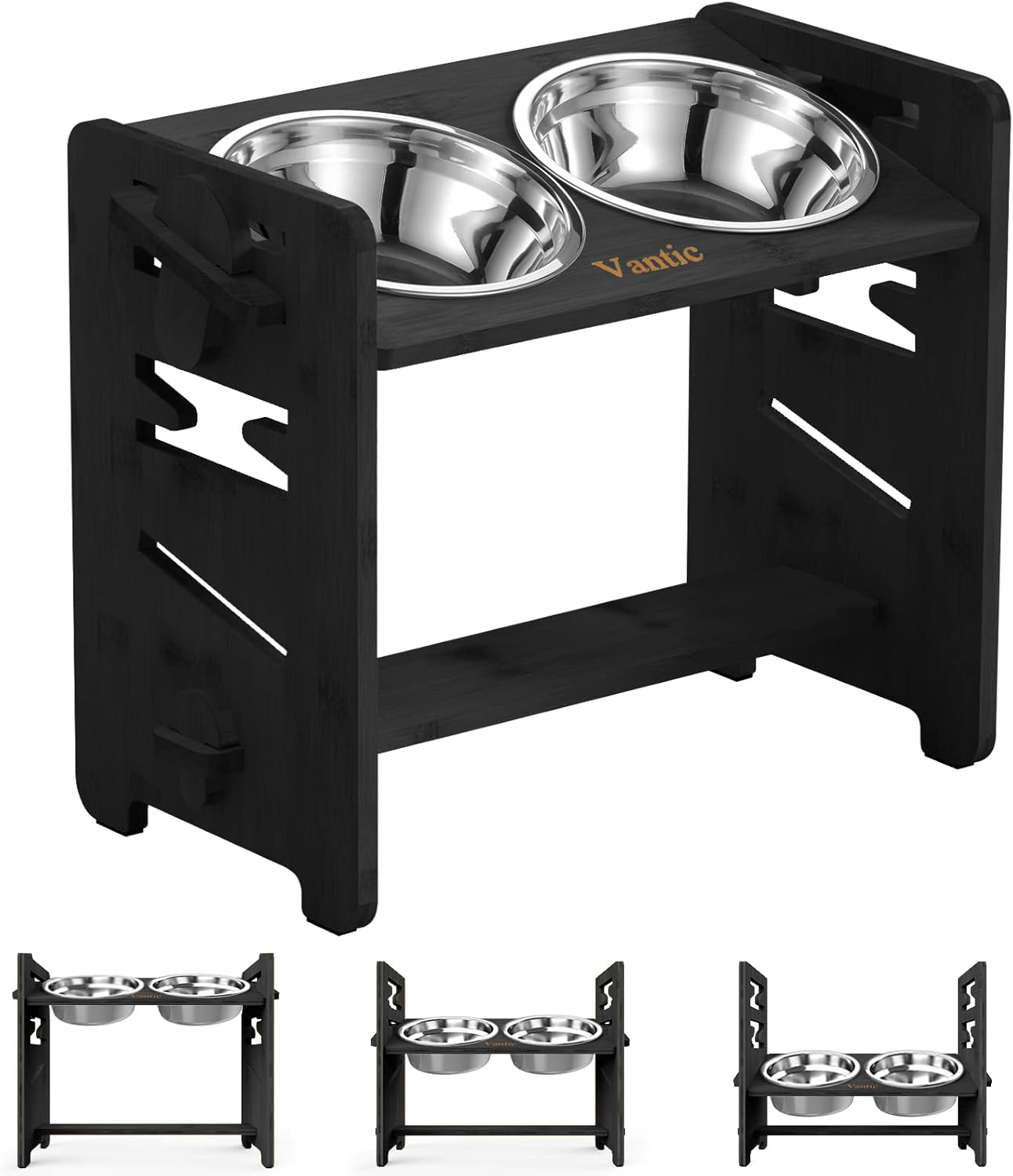 Vantic Elevated Dog Bowls, Adjustable Raised Dog Bowl Stand for Small Puppy and Cats, Sturdy Bamboo Pet Food Feeder with 2 Stainless Steel Dishes, Natural