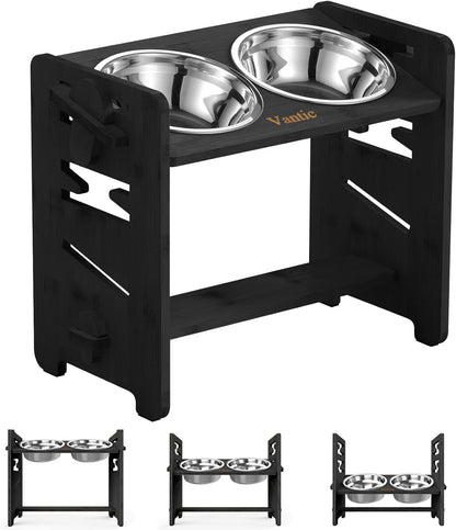 Vantic Elevated Dog Bowls, Adjustable Raised Dog Bowl Stand for Small Puppy and Cats, Sturdy Bamboo Pet Food Feeder with 2 Stainless Steel Dishes, Natural