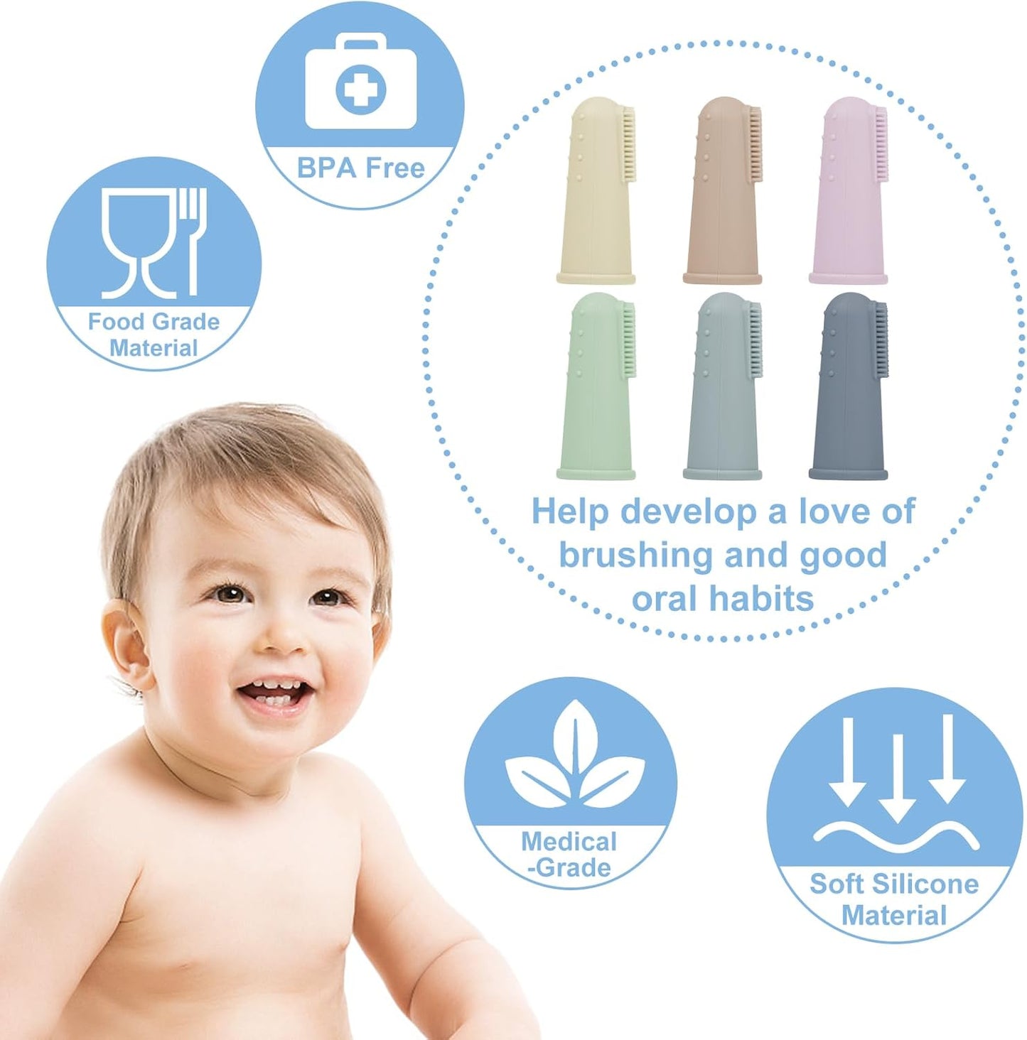 Bassion Baby Toothbrush Set, 6 Pcs Soft Infant Finger Toothbrush with 6 Boxes, Newborns Toddler Silicone Baby Tooth Brush 0-6 Months 6-12 Months