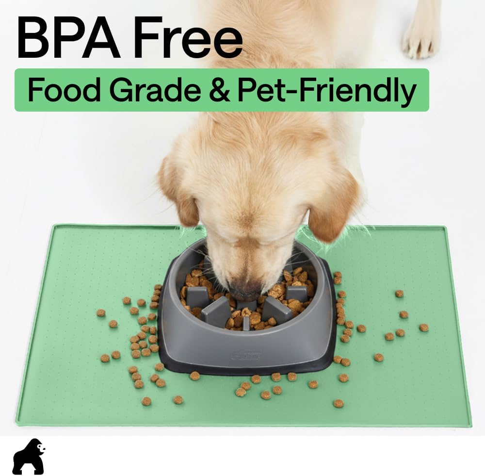 GORILLA GRIP 100% Waterproof Raised Edge BPA Free Silicone Pet Feeding Mat, Dog Cat Food Mats Contain Spills Protects Floors, Placemats for Cats and Dogs Water Bowl, 18.5x11.5, Gray