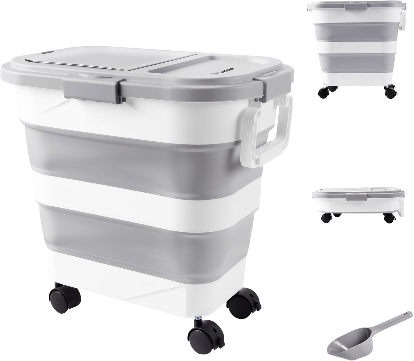 Dog Food Storage Container 30-40lbs, Airtight Pet Food Bin with Locking Lid & Clear Window, Collapsible Rolling Storage Container with Wheels & Scoop, Gray
