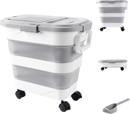 Dog Food Storage Container 30-40lbs, Airtight Pet Food Bin with Locking Lid & Clear Window, Collapsible Rolling Storage Container with Wheels & Scoop, Gray