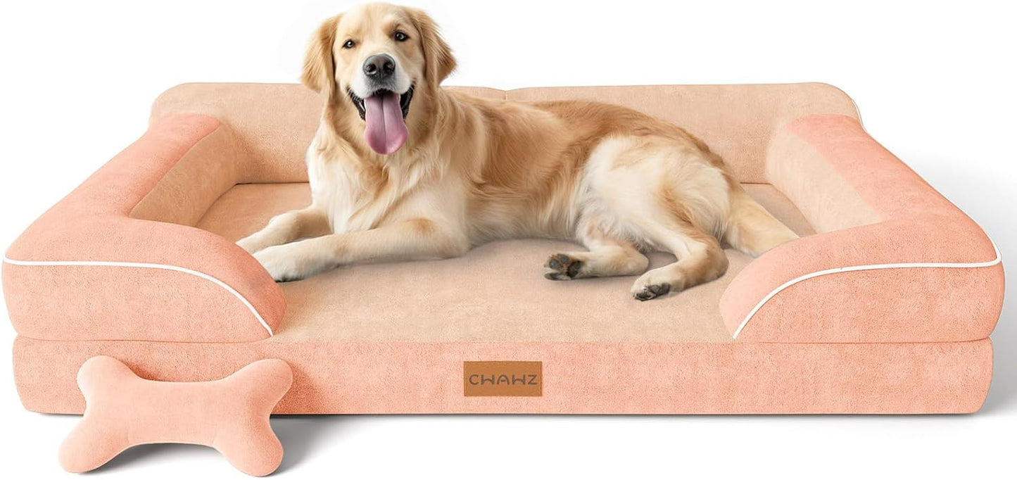CWAWZ Extra Large Dog Bed, Orthopedic Dog Bed with Cooling Gel Memory Foam, Waterproof XL Pet Bed with Removable Washable Cover, 42" Pet Sofa Couch Dutch Velvet with Bone Toy, Light Gray