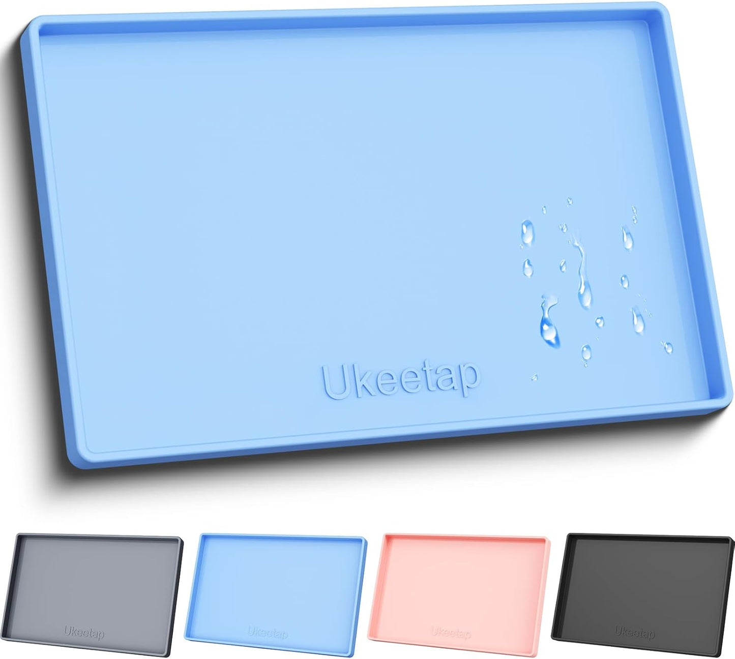 ukeetap Extra Thick Silicone Mat Waterproof with Raised Edge 19” x 12”, BPA Free Non-Slip Dog & Cat Food Mat, Feeding Mat for Food and Water Bowls, Spill Proof Mat to Protect Floors, Gray
