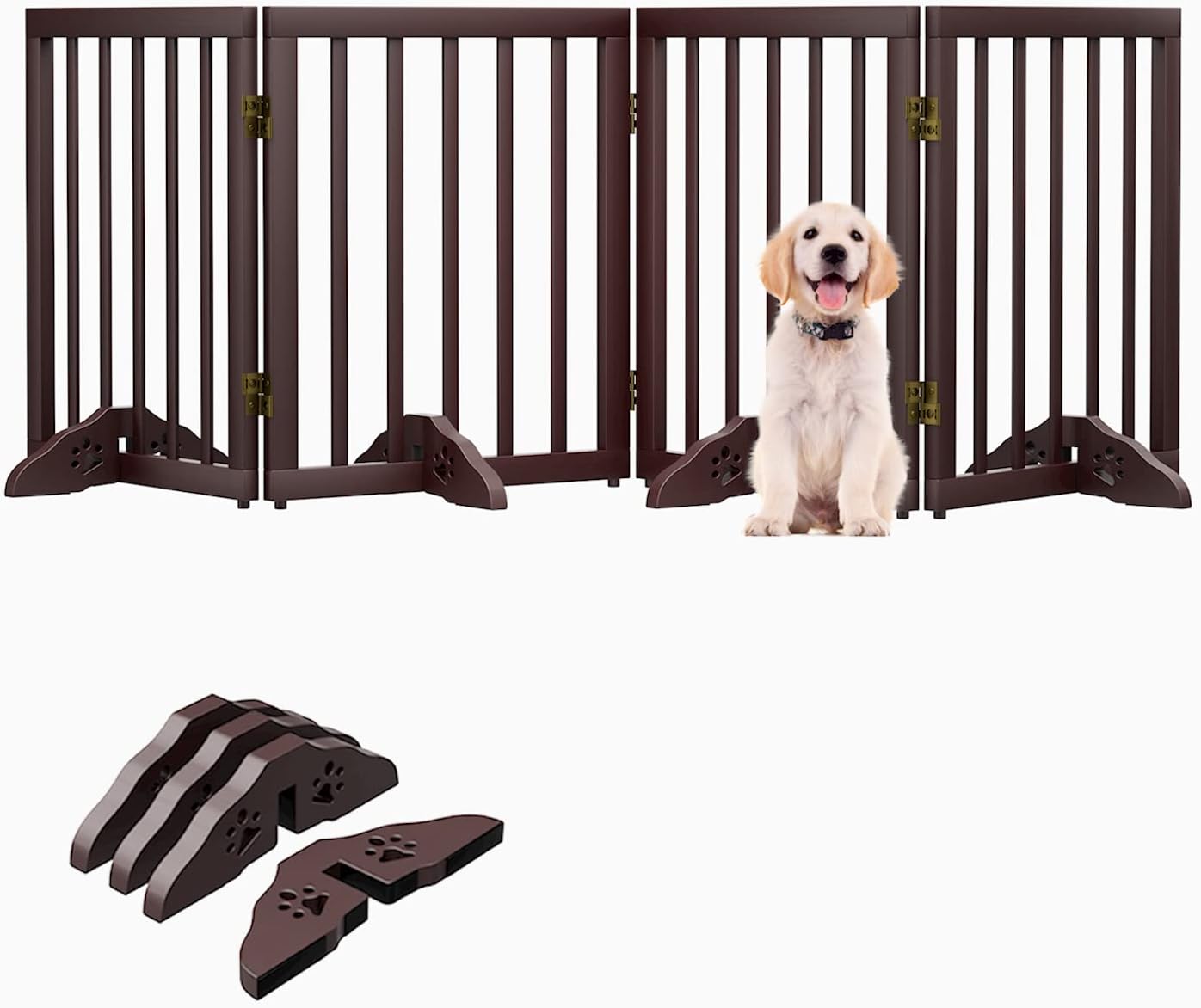 Freestanding Dog Gates Indoor, 3-Panel Pet Gates with 2 Metal Stands and 360° Hinge, 24" H Foldable Dog Gate for Stairs, Doorway, Kitchen, Expands Up to 55" Fully Assembled - Black Walnut