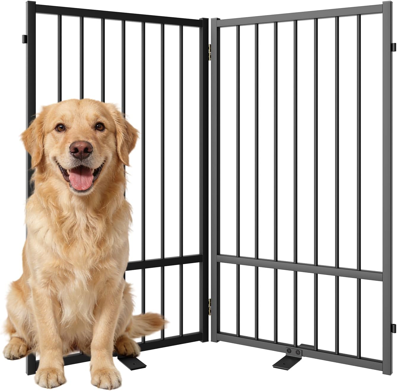 SNUOWU Full Metal Freestanding Dog Gate with Door, 32''Height Foldable Pet Dog Fence for Indoor & Outdoor, 4 Panels Extra Wide Free Standing TallDog Gates for Doorways,House,Stairs,Porch,Deck,Yard