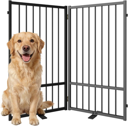 SNUOWU Full Metal Freestanding Dog Gate with Door, 32''Height Foldable Pet Dog Fence for Indoor & Outdoor, 4 Panels Extra Wide Free Standing TallDog Gates for Doorways,House,Stairs,Porch,Deck,Yard