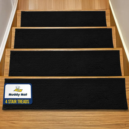 Muddy Mat® Pack of 4 - Soft Chenille Stair Treads Non-Slip Reusable, Super Absorbent Stair Treads for Wooden Steps, Tile & Marble Floor, Easy to Install & Machine Washable - Grey 30'' x 7''