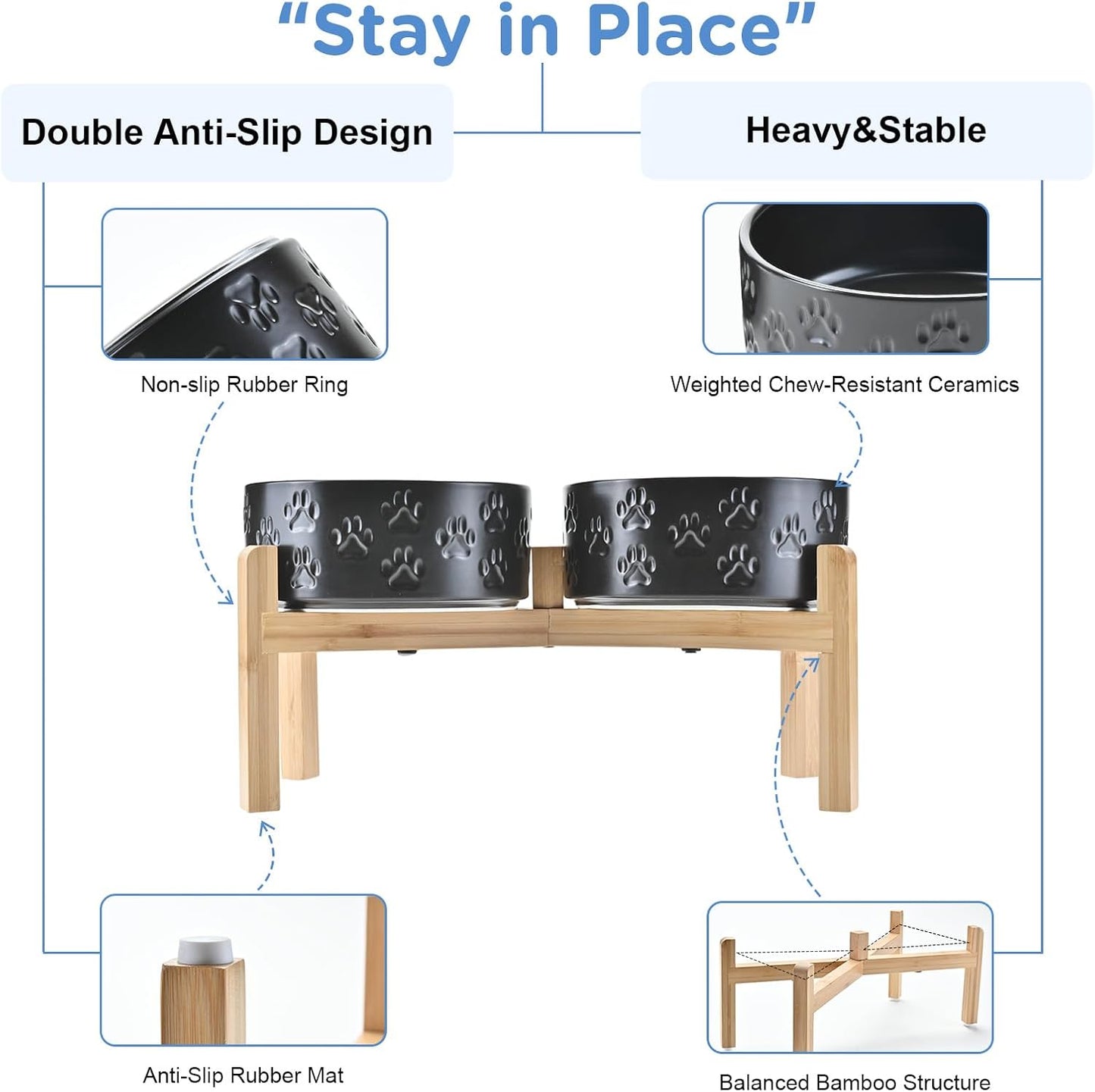 SPUNKYJUNKY Elevated Dog Bowls Ceramic, 6.1'' Dogs and Cat Food Water Bowls Raised with Non-Slip Bamboo Stand for Medium Sized Breed Microwave Dishwasher Safe - 28.7 OZ,Beige