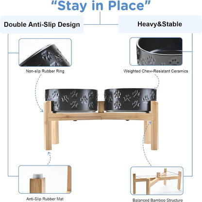 SPUNKYJUNKY Elevated Dog Bowls Ceramic, 6.1'' Dogs and Cat Food Water Bowls Raised with Non-Slip Bamboo Stand for Medium Sized Breed Microwave Dishwasher Safe - 28.7 OZ,Beige