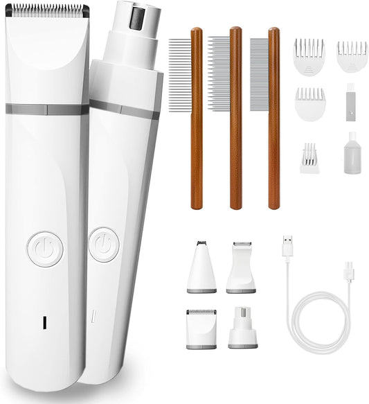 Dog Grooming Kit, Low Noise Paw Trimmer and Nail Grinder with Bonus 3-Piece Vintage Wooden Pet Comb Set, All-in-One Cordless Pet Grooming Clippers, Rechargeable and Quiet for Dogs, Cats - Snow