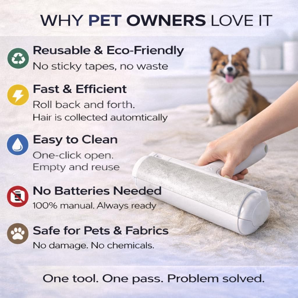 Reusable Pet Hair Remover Roller for Dogs and Cats – Reusable Lint Brush for Furniture, Couch, Carpet and Clothes – Self-Cleaning Hair Removal Tool for Sofa, Bed and Car Seats - Eco Friendly