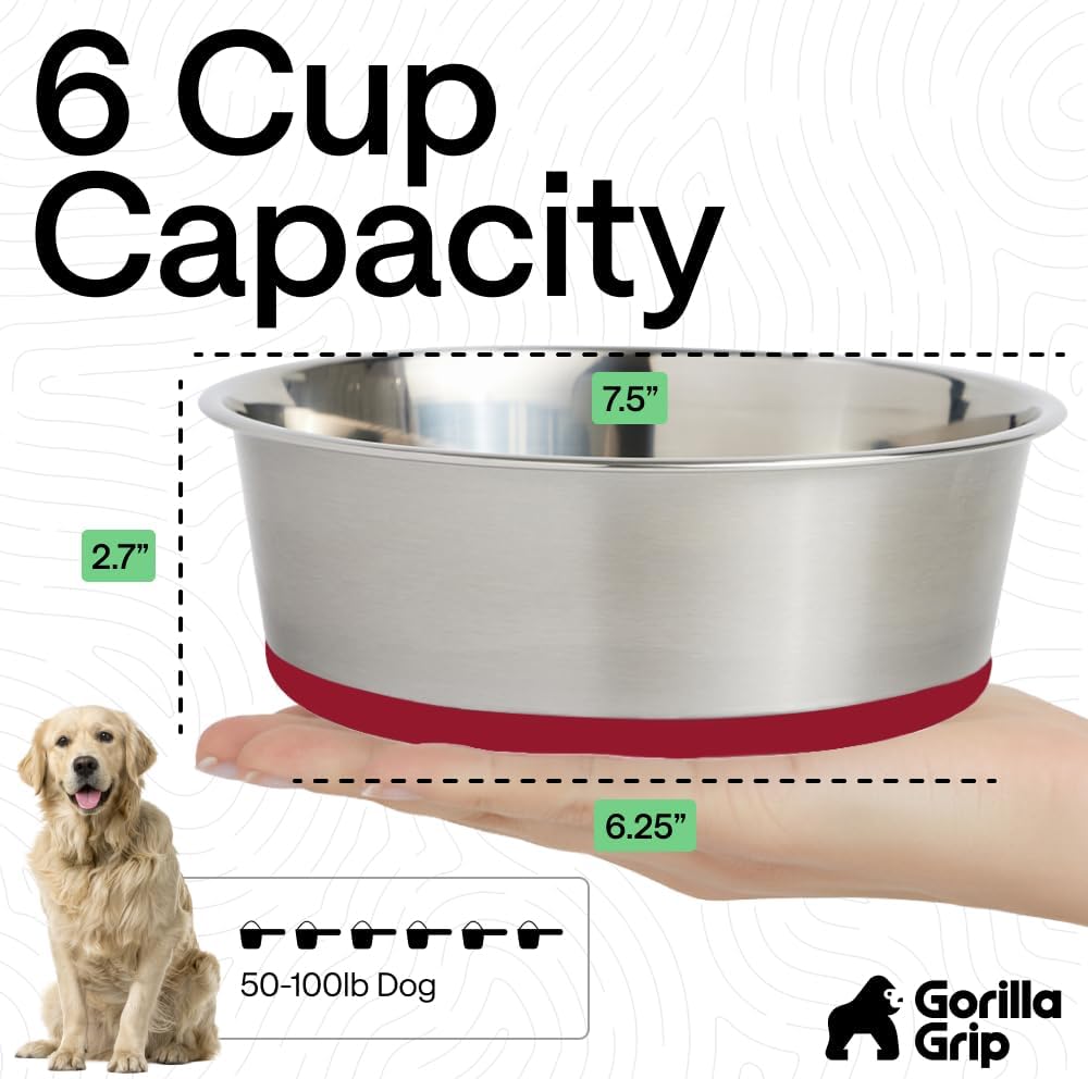 GORILLA GRIP Dog Bowls, Food Grade 304 Stainless Steel, Holds 2 Cups Each (16 fl oz) Food and Water Bowl for Feeding Dogs and Cats, Dishwasher Safe, Rust Resistant, BPA Free Rubber Base Set of 2 Black