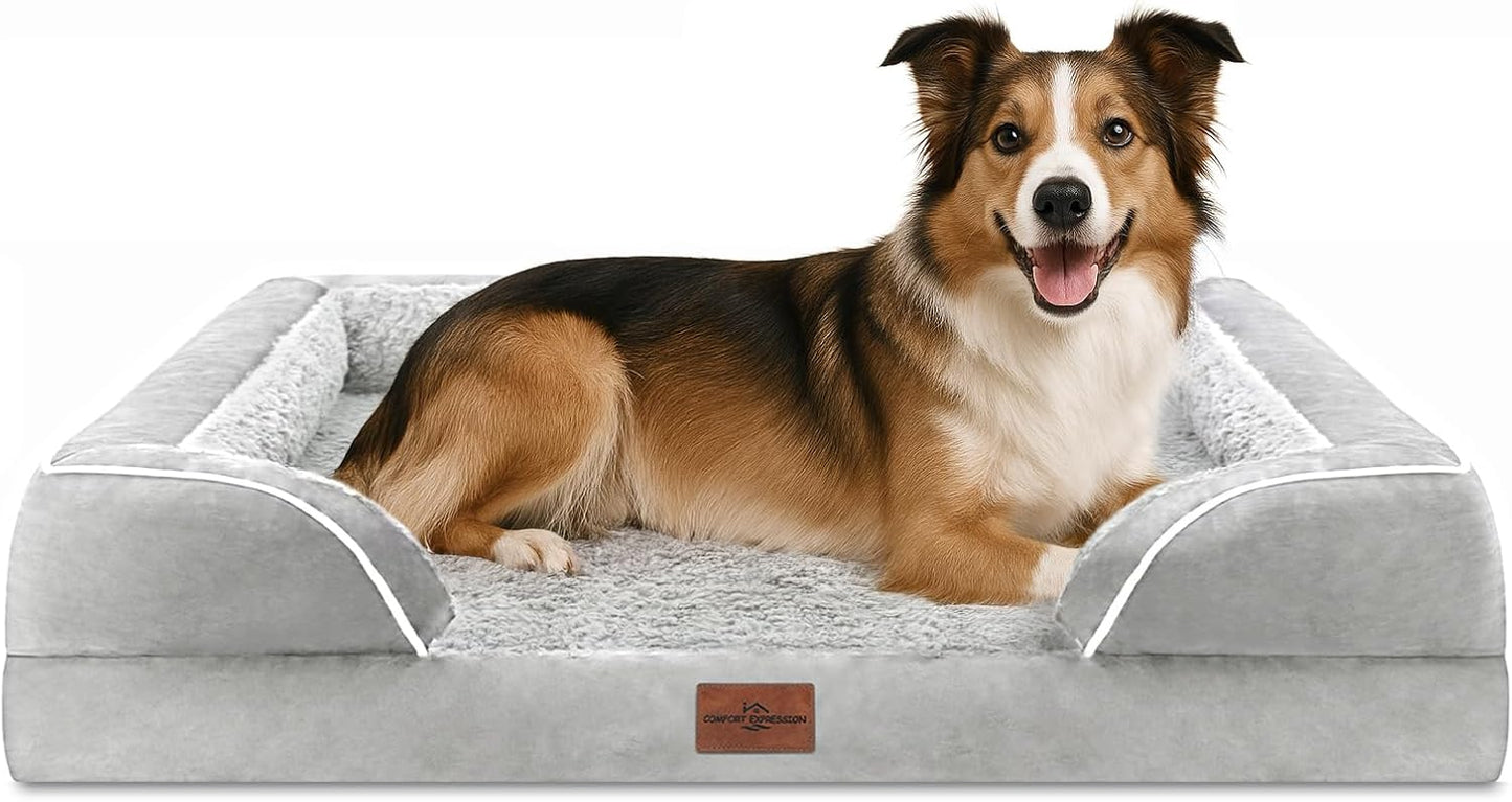 Comfort Expression Orthopedic Dog Bed for Extra Large Dogs 42x30 Inch, Waterproof Egg Crate Foam XL Pet Bed with Removable Bolsters, Dog Couch with Washable Cover & Non-Slip Bottom, Grey - Colors B