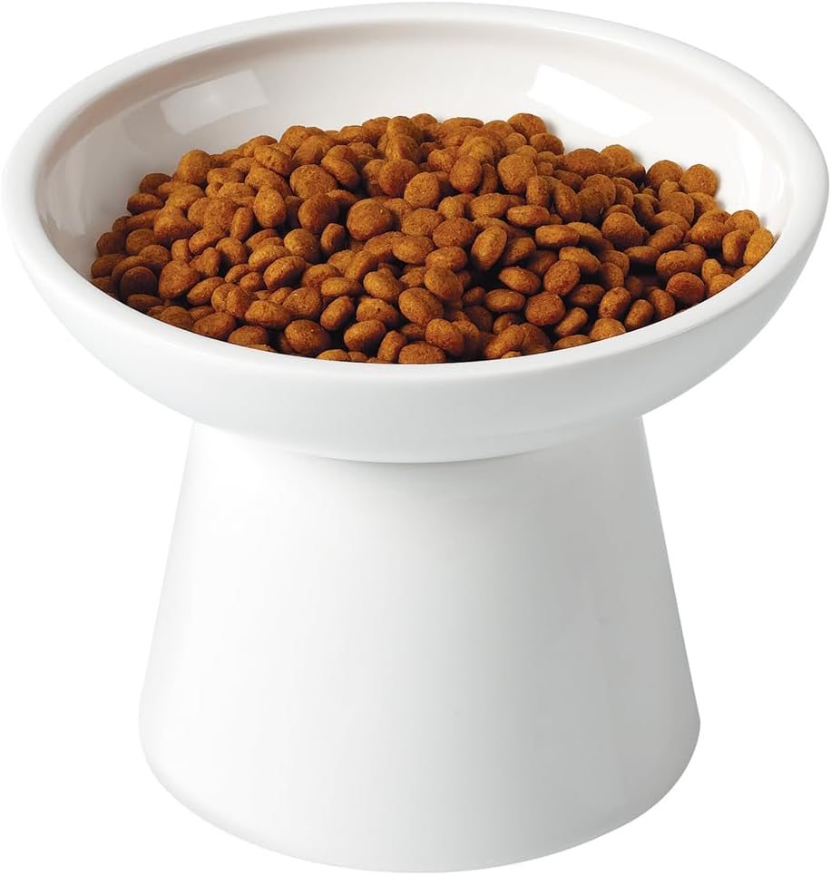 LoeJan Elevated Cat Food and Water Bowls Set, Extra Wide and Raised Ceramic Bowls, Anti-Vomit Whisker-Free Pressure Cat Feeder for Kittens to Adult Cats and Small Dogs (White, Water Bowl)