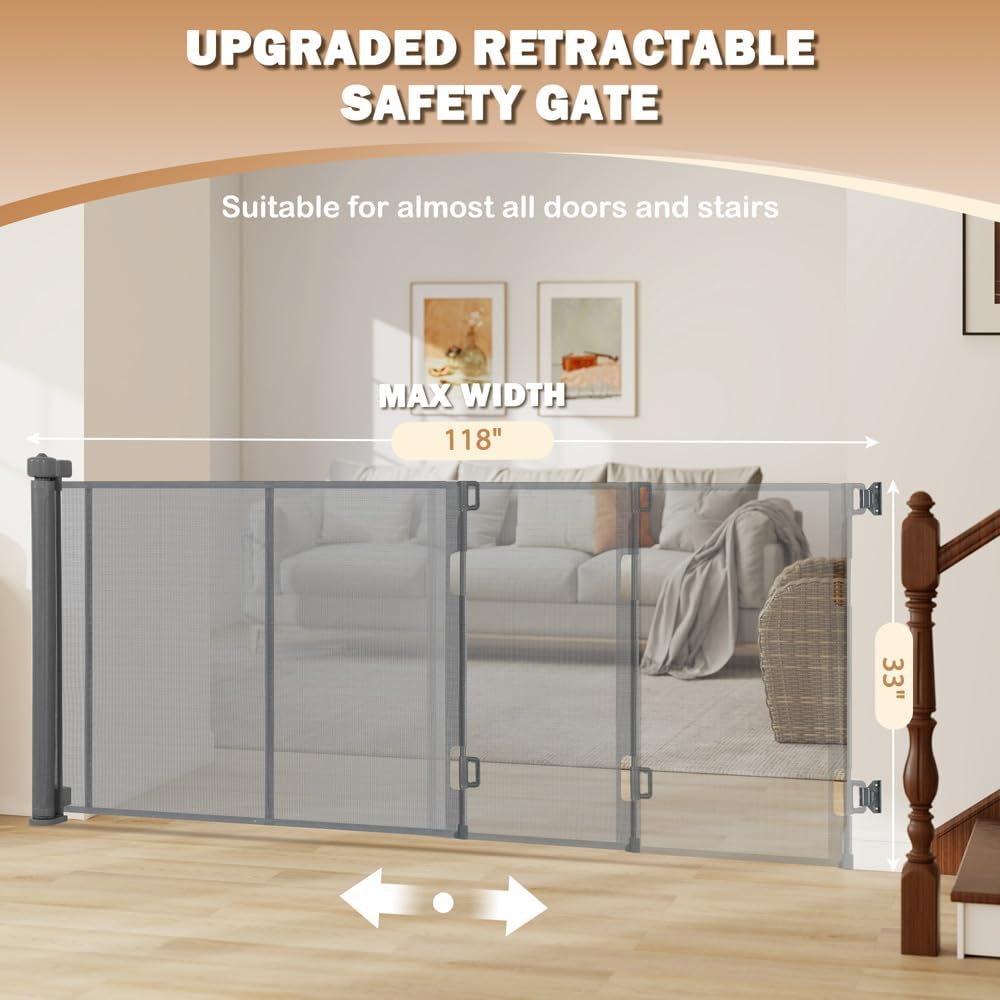 SMONTER Extra Wide Retractable Dog Gates, Mesh Baby Gate with Support Rods Extend to 118" Wide 33" Tall, Portable Safety Retractable Gate for Stairs, Indoor/Outdoor, Black