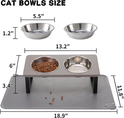 Upgraded Elevated Cat Bowls with Food Mat,15°Tilted Stand Anti Vomiting Raised Cat Dishes for Food and Water,2 Stainless Steel Bowls for Cats and Puppy