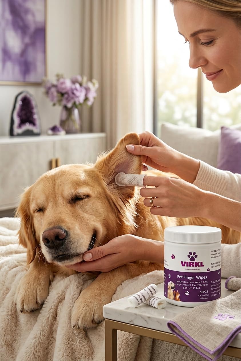 Pet Finger Wipes for Dogs & Cats – Ear, Eye and Teeth Cleaning Wipes – Alcohol-Free, Fragrance-Free, Plant-Based Grooming Wipes for Sensitive Pets – 60 Count