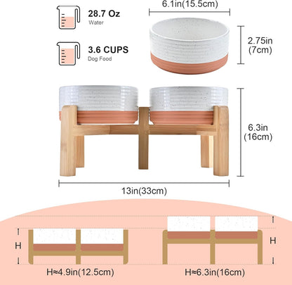 SPUNKYJUNKY Elevated Dog Bowls Ceramic, 6.1'' Dogs and Cat Food Water Bowls Raised with Non-Slip Bamboo Stand for Medium Sized Breed Microwave Dishwasher Safe - 28.7 OZ,Beige