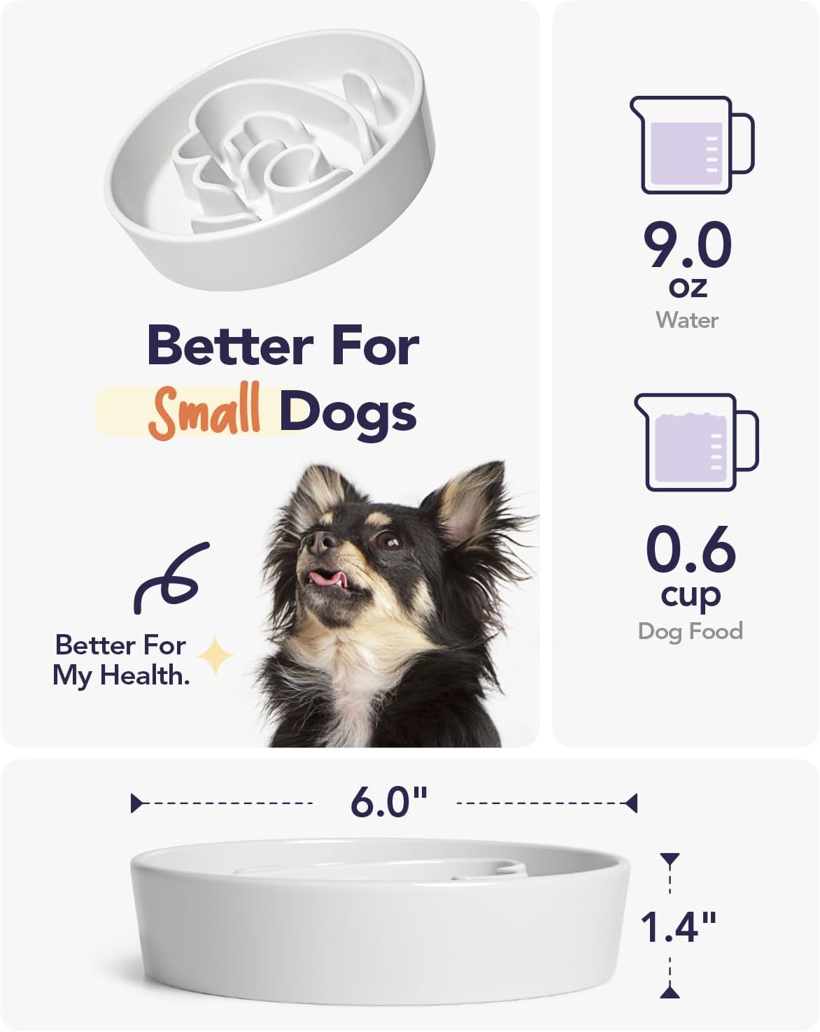 LE TAUCI Dog Bowls Slow Feeder Ceramic, 1.5 Cup Slow Feeding Bowl for Small and Medium Breed, Puzzle Dog Food Bowl for Fast Eater, Maze Purple