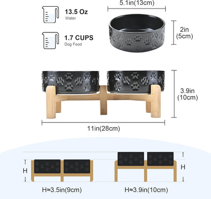 SPUNKYJUNKY Elevated Dog Bowls Ceramic, 6.1'' Dogs and Cat Food Water Bowls Raised with Non-Slip Bamboo Stand for Medium Sized Breed Microwave Dishwasher Safe - 28.7 OZ,Beige