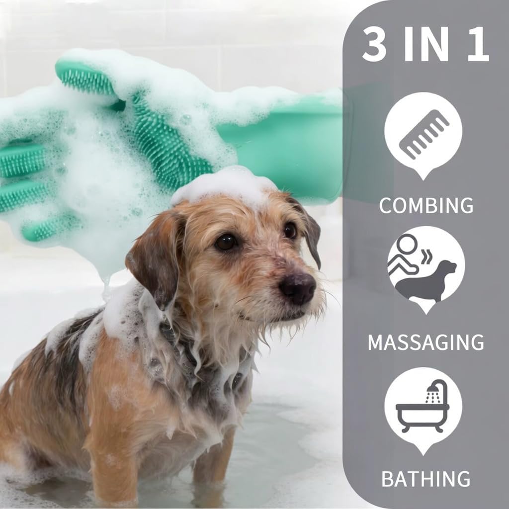 PETLUXE, Pet Grooming Gloves for Dogs & Cats, Silicone Deshedding Brush, Gentle Fur Remover, Bathing & Massage Gloves. 3 Colors Variation (Green)