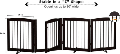 PUPETPO Freestanding Dog Gate with Door, Pet Gate for Stairs, 80 inch Wide Pet Barrier Indoor, Dog Fences Indoor, Support Feet Included, 4 Panels, 24" Tall, Dark Brown