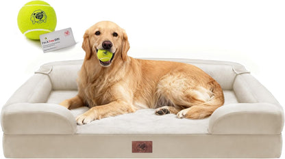 Extra Large Dog Bed, Orthopedic XL Washable Memory Foam Bed for Big Dogs Waterproof Pet Couch Sofa Bolster with Removable Cover, Non-Slip Bottom, Tennis Ball Toy, 42x30