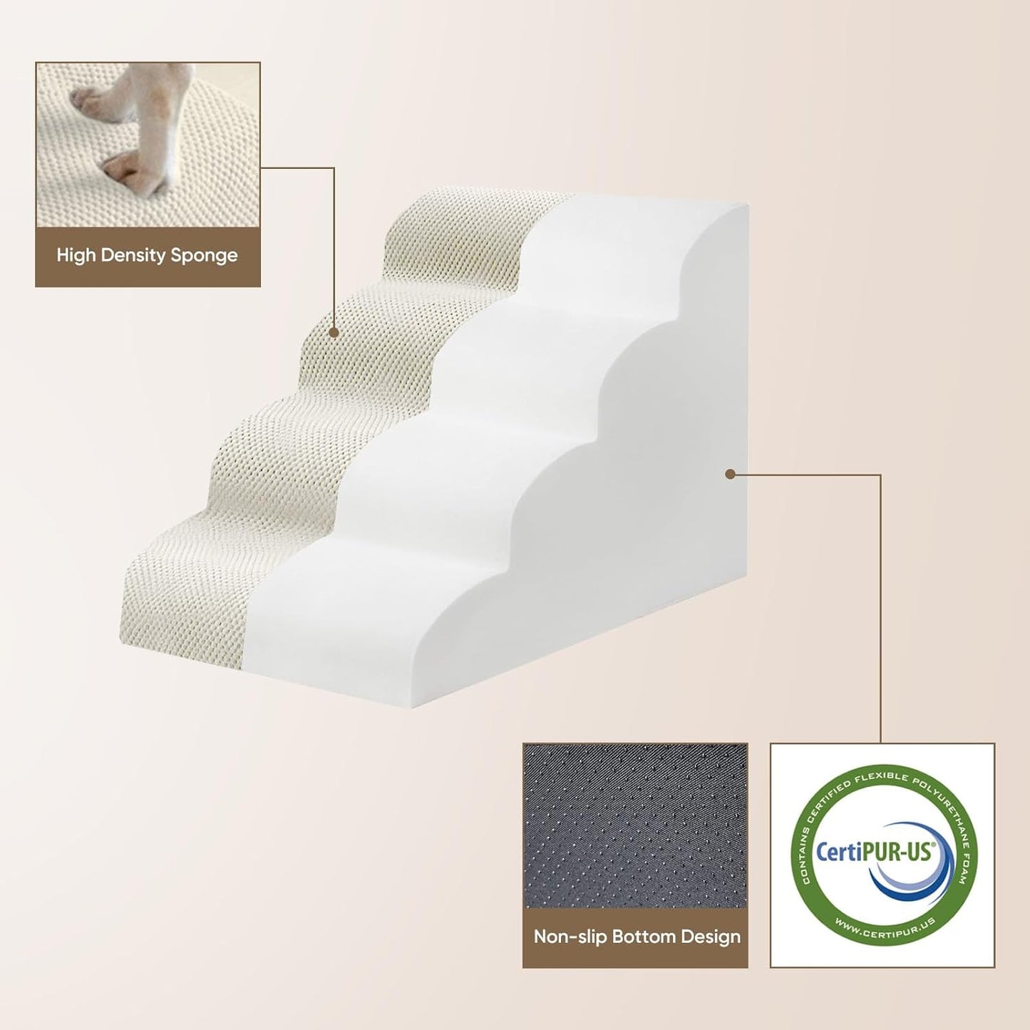 PAWSCRAT Pet Stairs for Dogs 4-Step, 19.6" H Pet Stairs for High Bed, Couch Sofa & Chair, 30D Material Soft Foam Dog Steps with Non-Slip Bottom Surface Removable Washable Cover, Grey