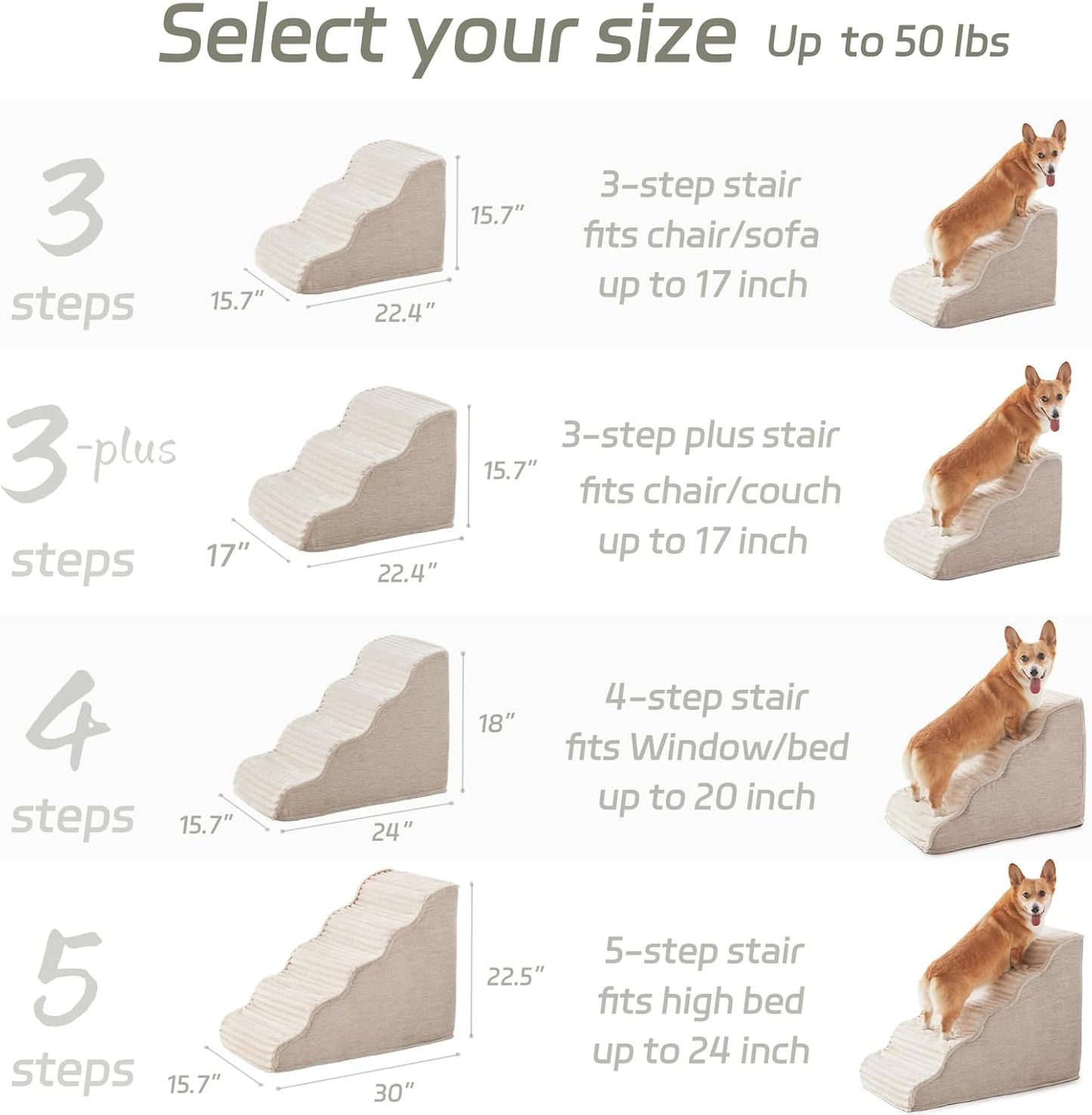 Laojin Balhen Dog Stairs for Small Dogs & Cats 15.7" H, High Density Foam Dog Steps Ramp for Couch Sofa and Chair, Pet Stairs with Non-Slip Bottom and Remove Washable Cover, 3-Step Pet Steps, Beige